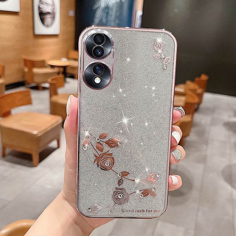 Slim Smartphone Case For Honor 70 5G Flower Pattern Decor Rhinestone Electroplating Glitter Powder Shockproof Soft TPU Phone Cover Slim Smartphone Case For Honor 70 5G Flower Pattern Decor Rhinestone Electroplating Glitter Powder Shockproof Soft TPU Phone Cover